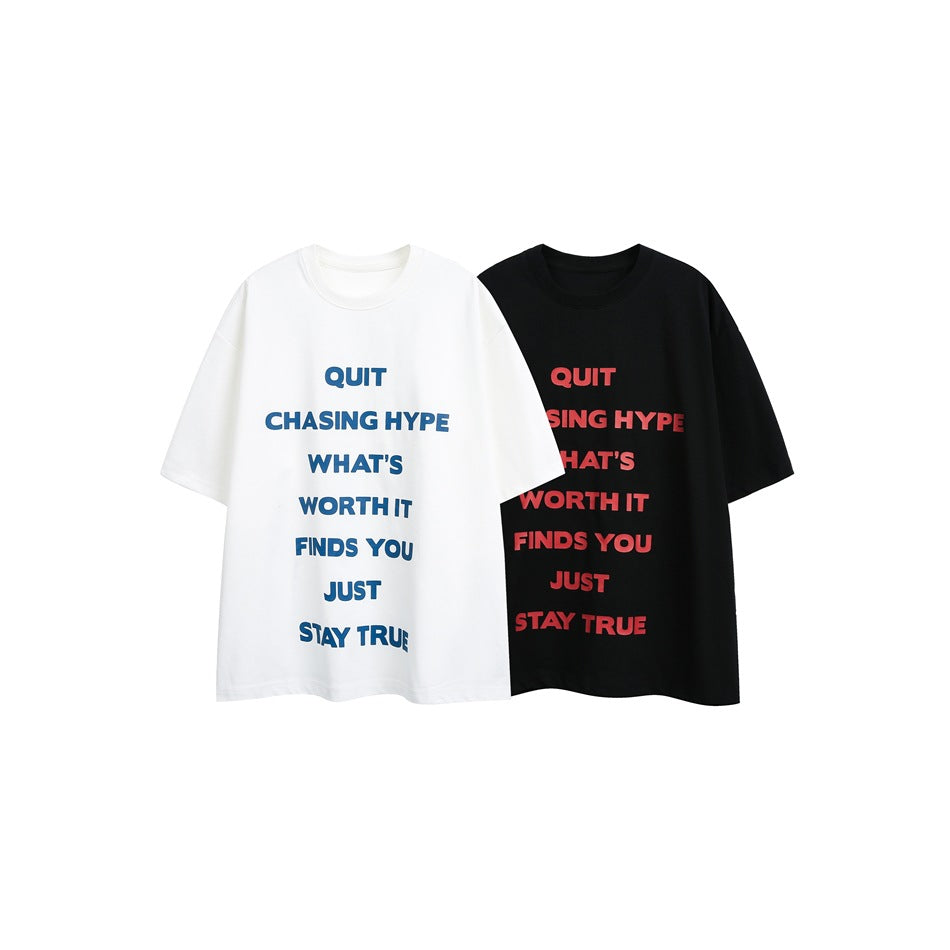 White and black short-sleeve T-shirts with blue and red front lettering, shown together on a white background.