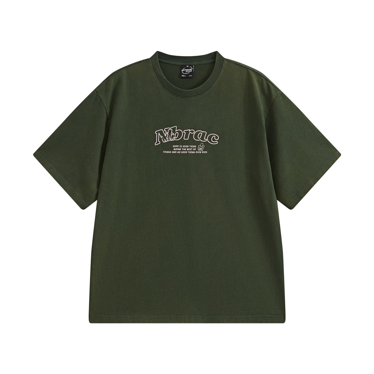 Dark green short-sleeve crew-neck T-shirt with small pink outlined Nbrac lettering print on the chest, flat lay