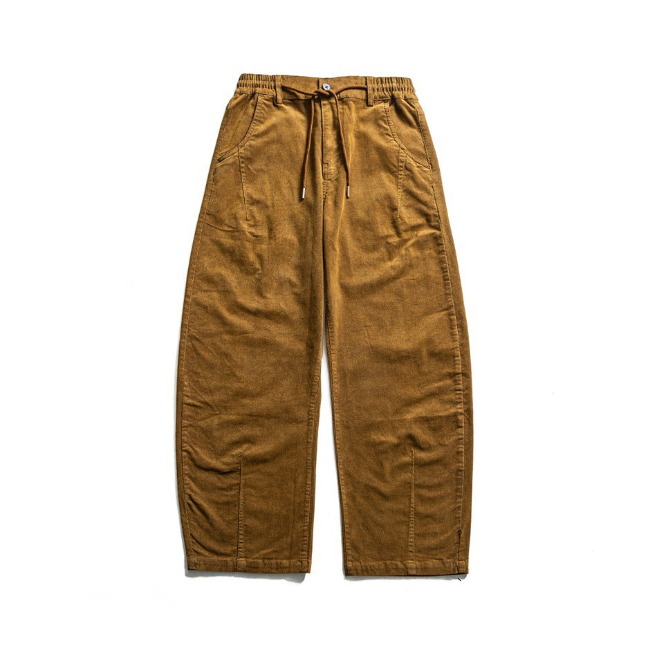 Flat-lay front view of mustard wide-leg drawstring pants with ribbed texture and elastic waistband