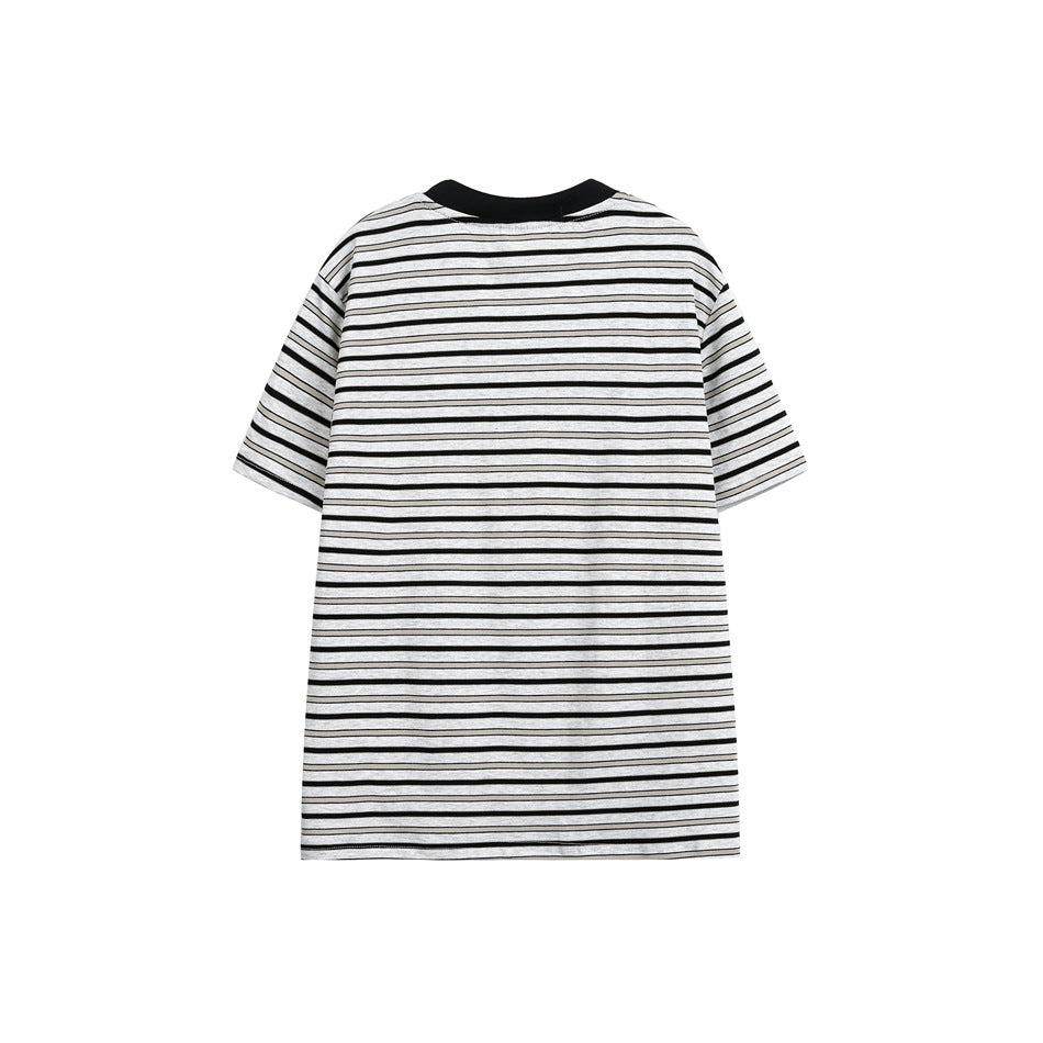 Back view of a light gray short-sleeve T-shirt with thin black horizontal stripes and a black crew neck.