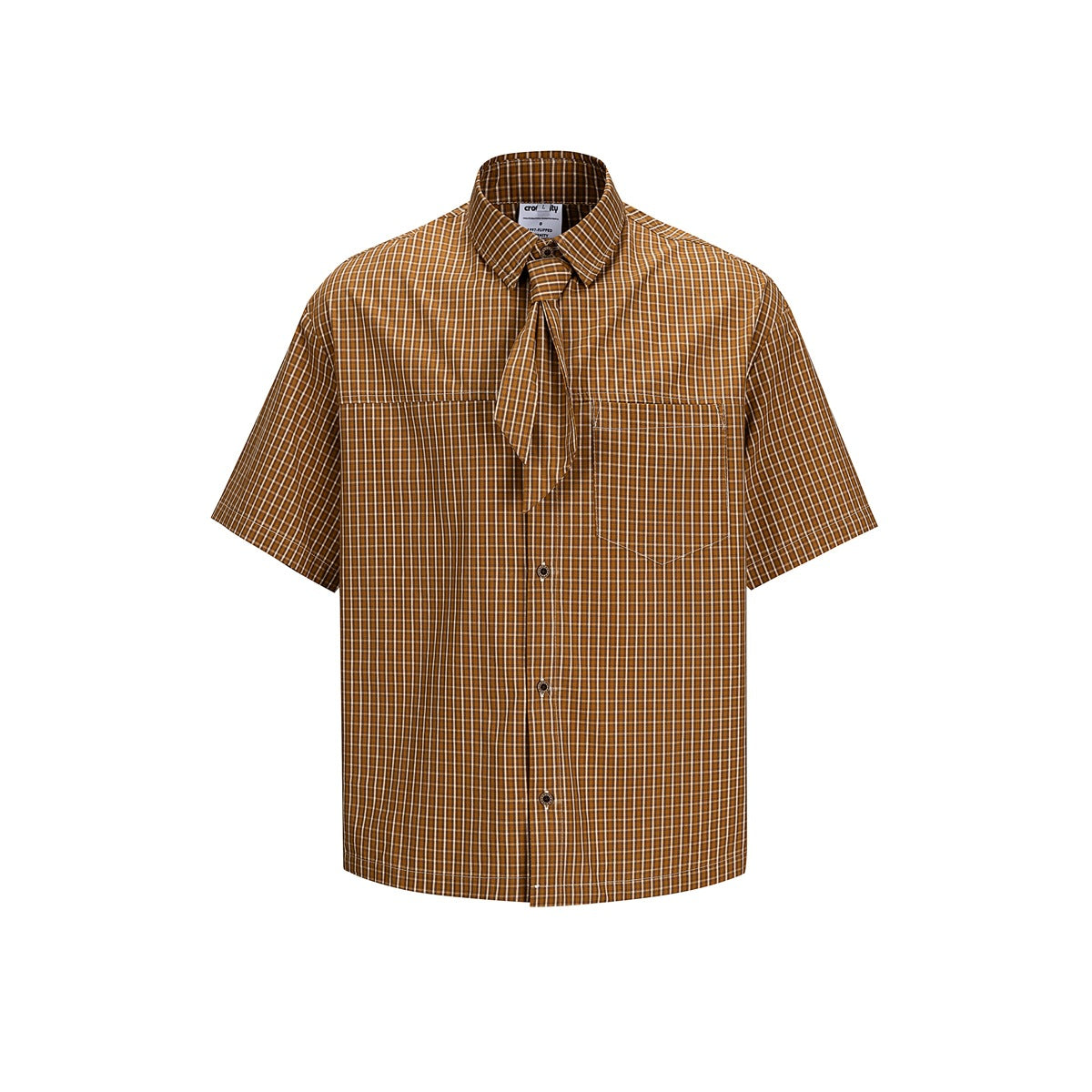 Mustard yellow plaid short-sleeve button-up shirt with attached neck tie and chest pocket, front flat view