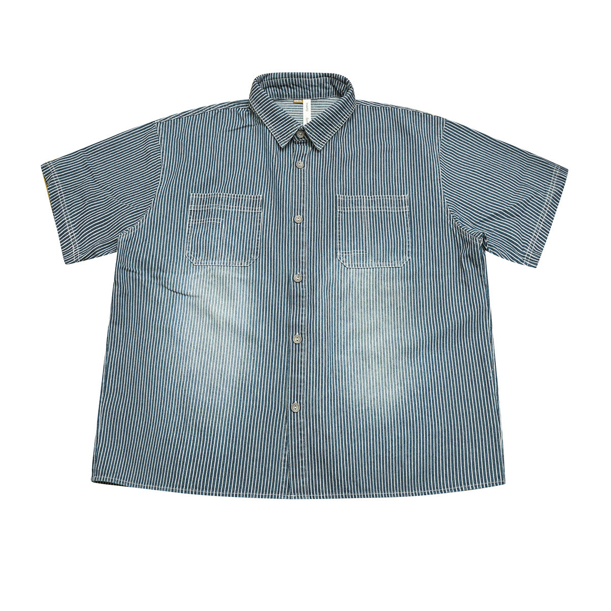 Blue and white striped short-sleeve button-front shirt with two chest pockets, flat lay front view