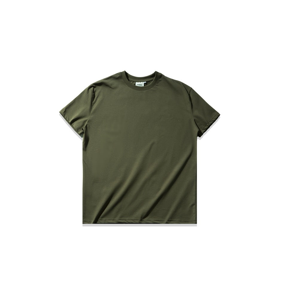 Olive green short-sleeve crew-neck T-shirt laid flat, front view