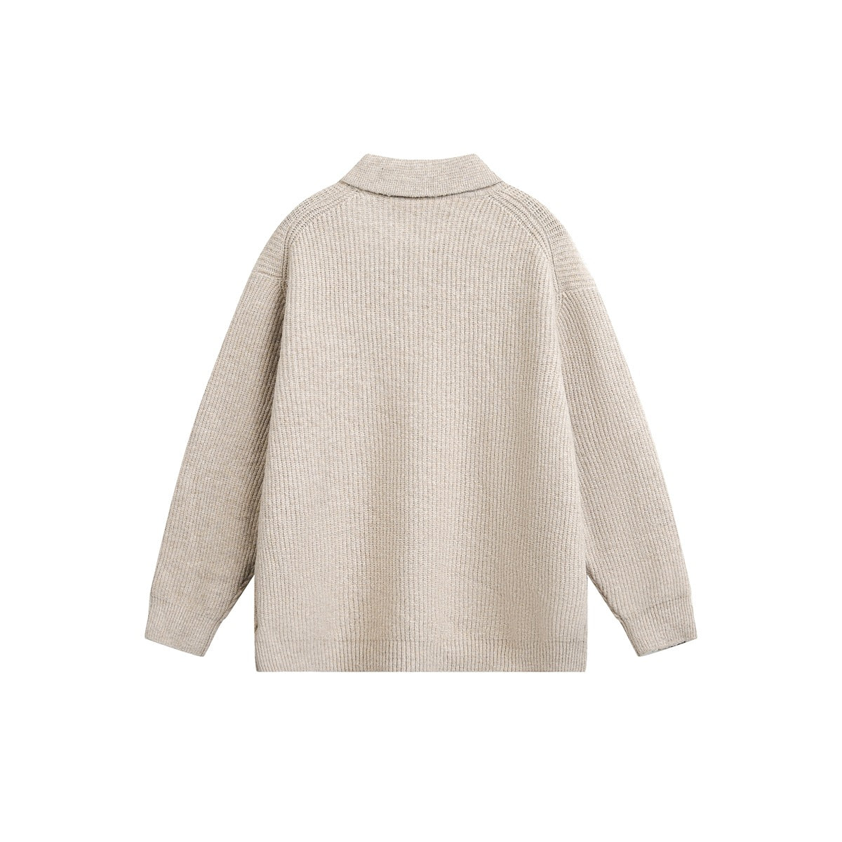 Back view of a beige ribbed knit sweater with a folded collar, long sleeves, and ribbed hem and cuffs.