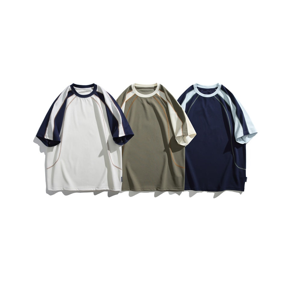 Three short-sleeve raglan T-shirts shown together in white and navy, olive and cream, and navy and pale blue.