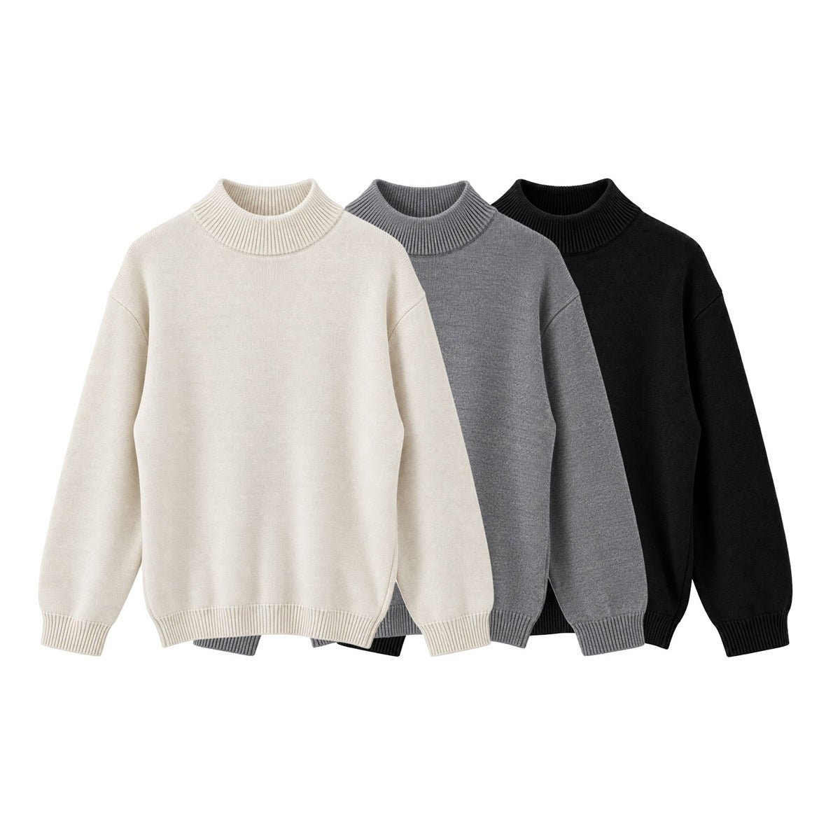 Three high-neck rib-trimmed sweaters shown together in cream, gray, and black.
