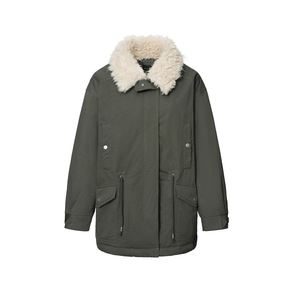 Olive green mid-length jacket with cream fleece-like collar, flap pockets and drawstring waist, front view