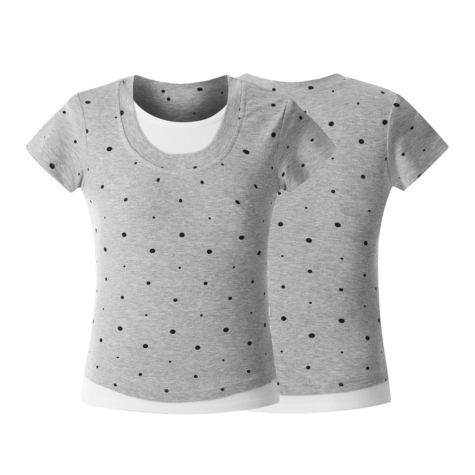 Light gray short-sleeve tee with scattered black dots, shown from the front and back on a white background.