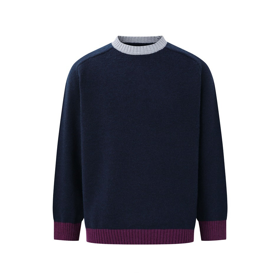 Navy crew-neck sweater with gray ribbed collar and purple ribbed cuffs and hem, front flat view