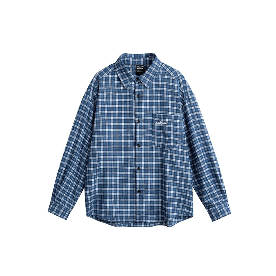 Blue plaid long-sleeve button-up shirt with chest pocket, flat lay front view on white background