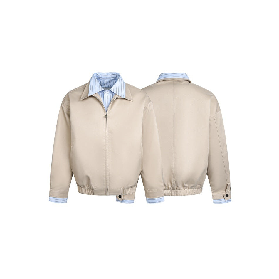 Beige zip jacket shown from front and back, with a pointed blue striped collar, striped cuffs, and elastic hem.