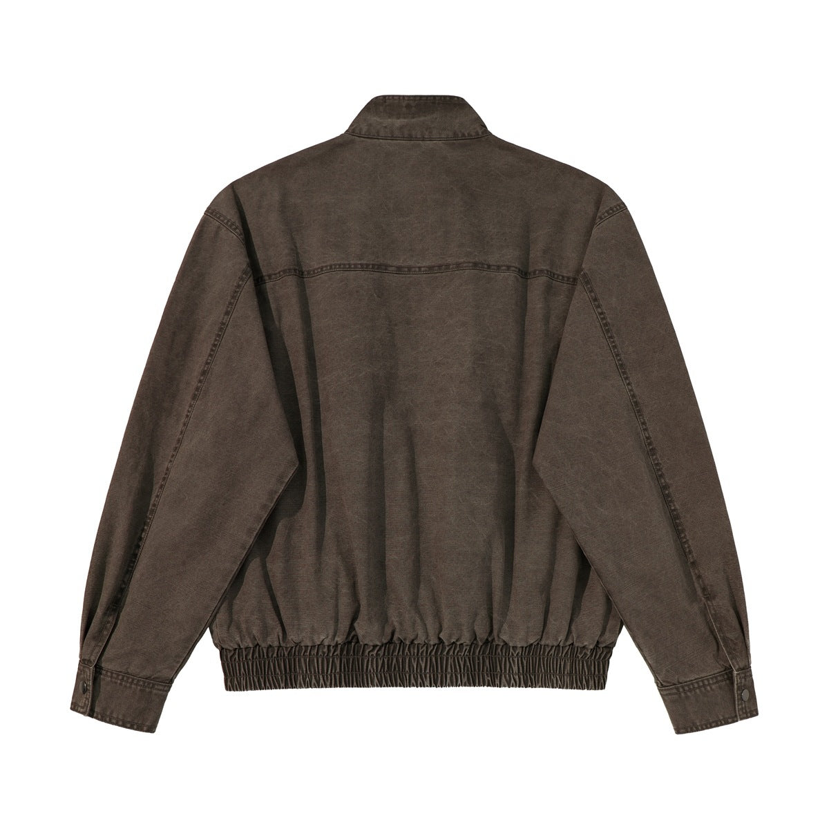 Back view of a brown jacket with a stand collar, long sleeves, and an elasticated hem.