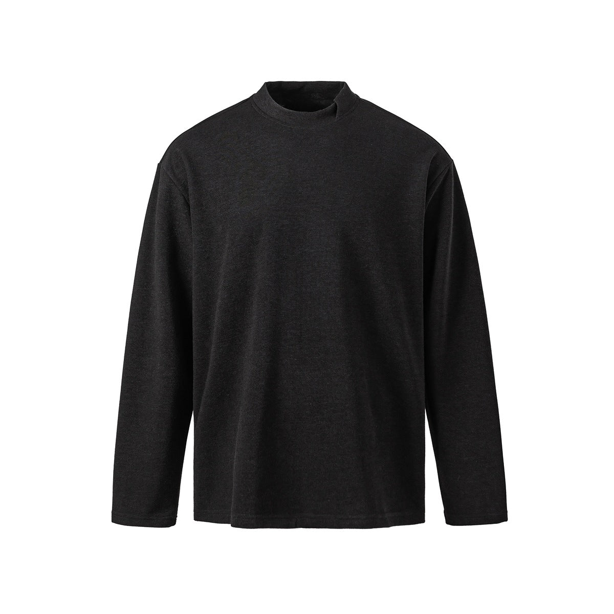 Dark gray-black long-sleeve pullover top with high round neck and dropped shoulders, flat front view