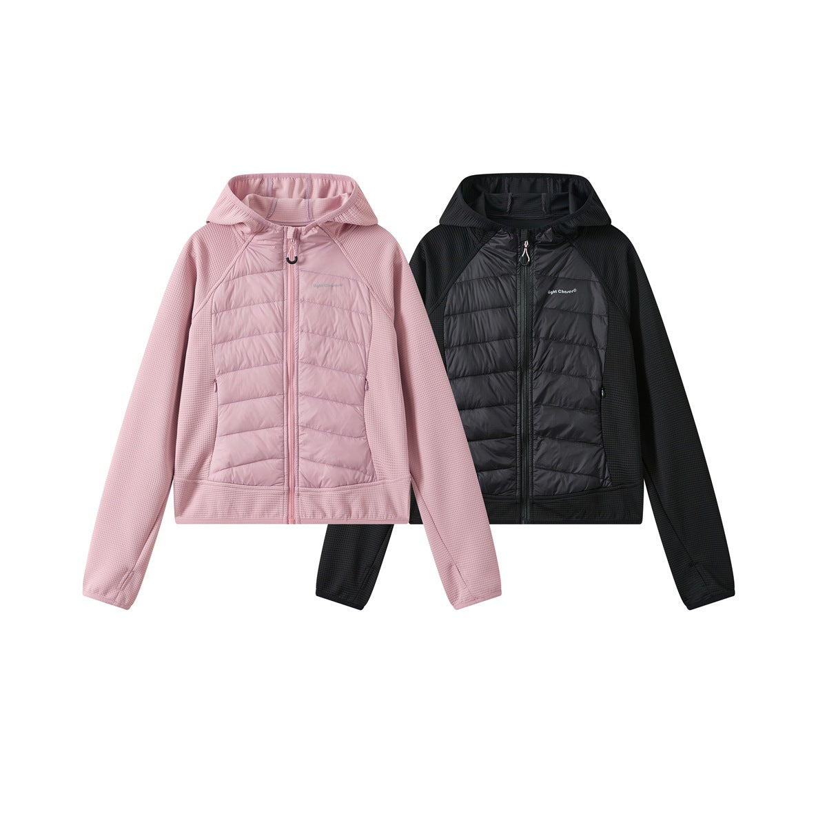 Front views of hooded jackets in pink and black, with quilted front panels, textured sleeves, and full-length zippers.