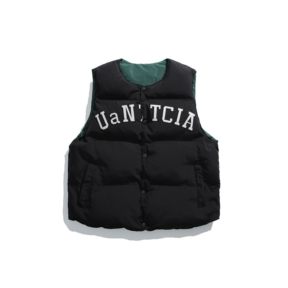 Black padded vest with white varsity-style lettering, snap-button front, two pockets, and dark green lining.