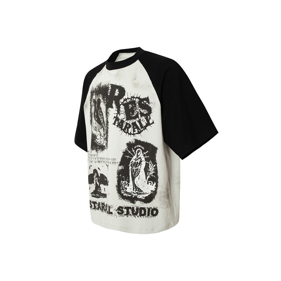 Angled view of an off-white raglan T-shirt with black sleeves and distressed black graphic prints.