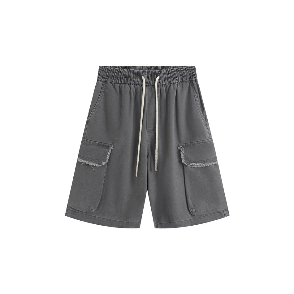 Gray washed cargo shorts with elastic drawstring waist and frayed-edge flap pockets, front view