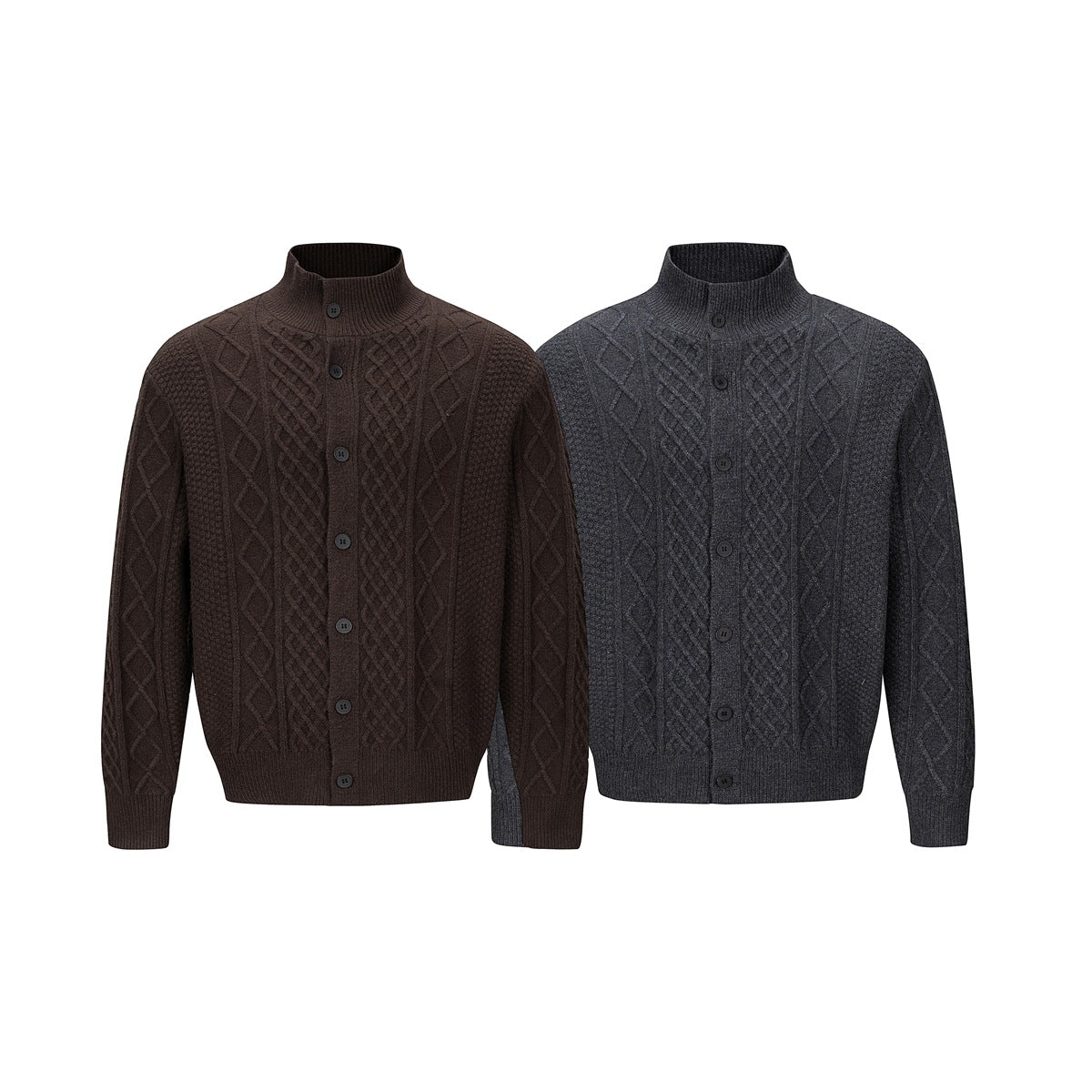 Two cable-knit button cardigans with stand collars, shown in dark brown and charcoal gray.
