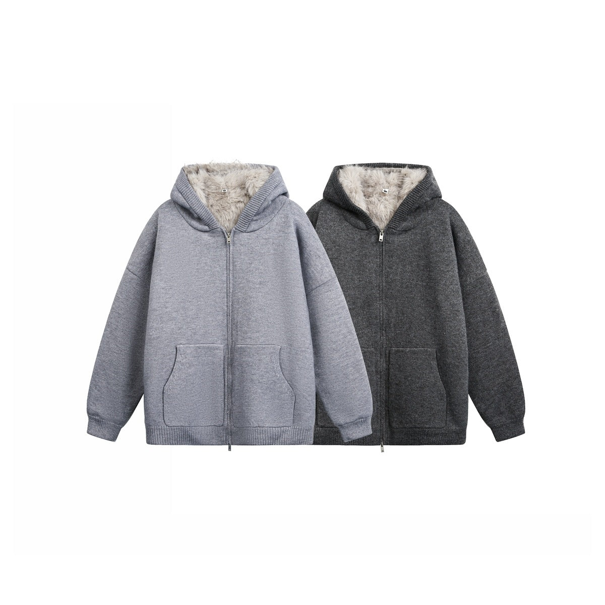 Front view of light gray and charcoal zip-up hoodies with fluffy beige-lined hoods, long sleeves, and front pockets.