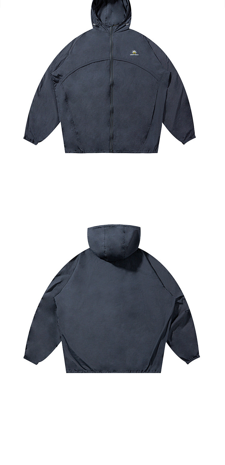 Dark navy hooded zip jacket shown from the front and back against a white background.