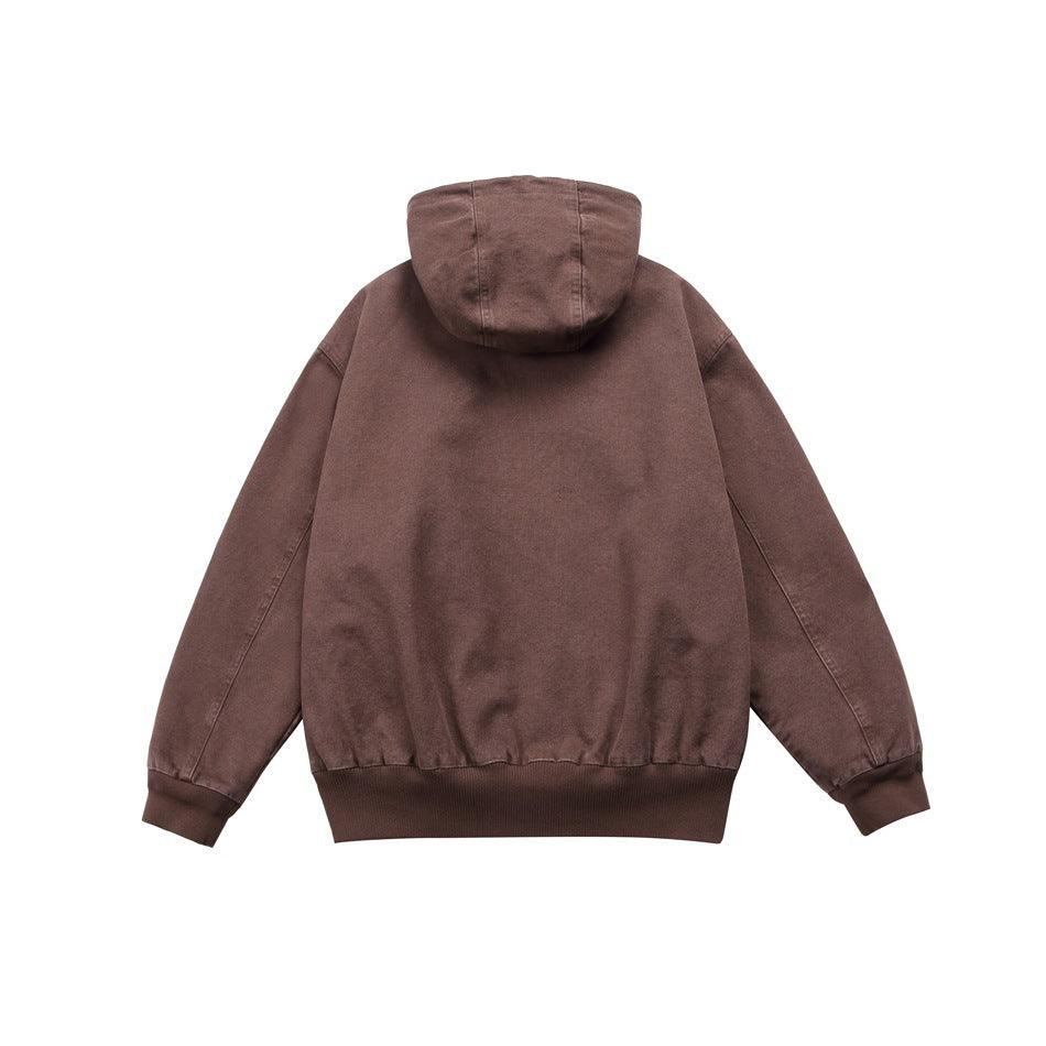 Back view of a brown hooded jacket with long sleeves and ribbed cuffs and hem.