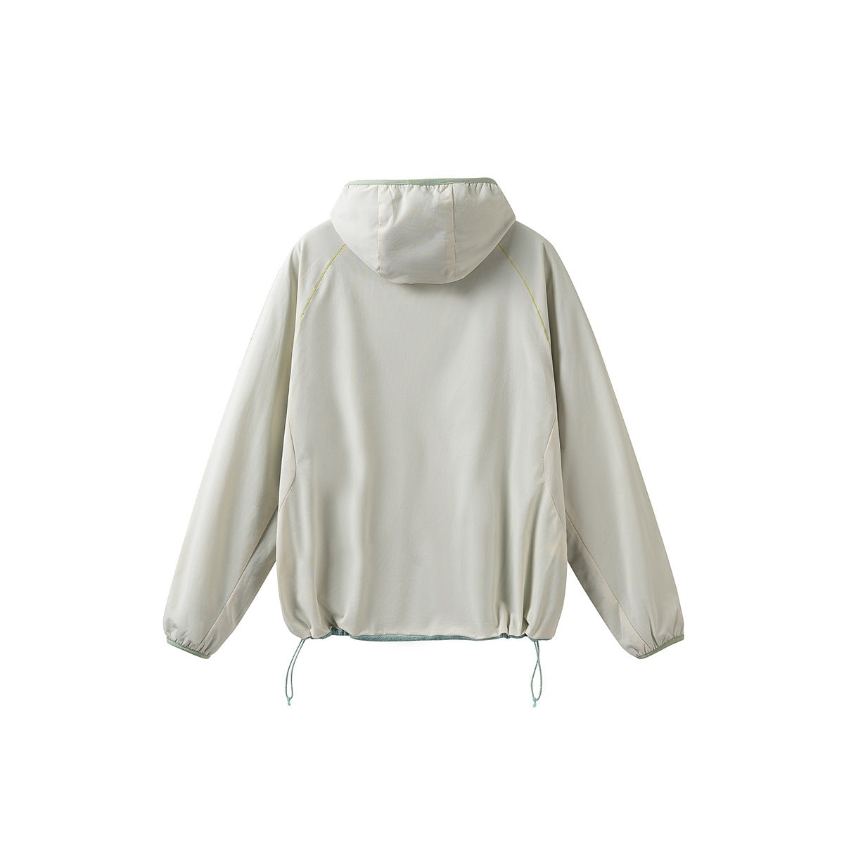Back view of an off-white hooded jacket with long sleeves and adjustable drawcords at the hem.