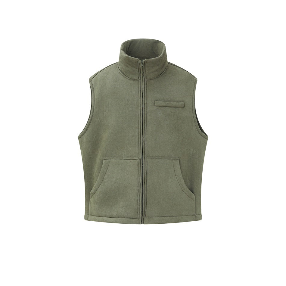 Army green sleeveless zip vest with stand collar, chest flap pocket and two front pouch pockets, flat front view