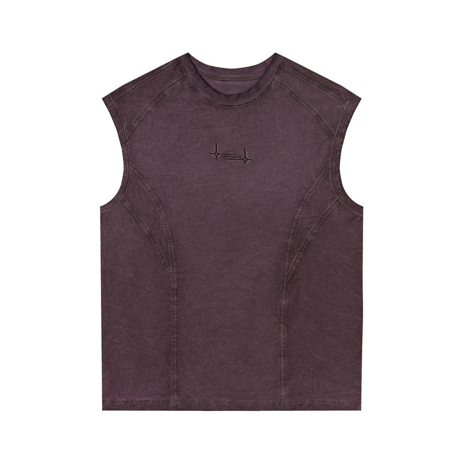 Purple washed sleeveless crew-neck vest, front view, with curved paneled seams and small chest mark
