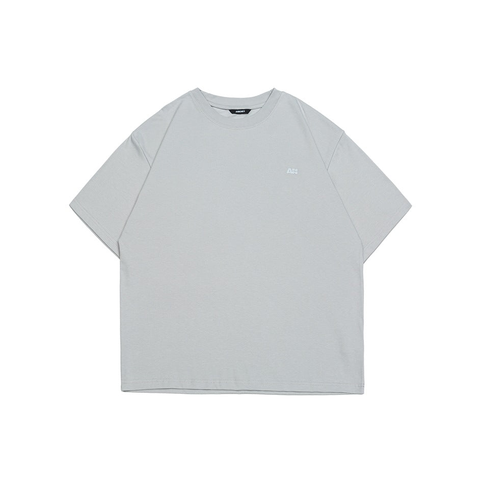 Light gray short-sleeve crew-neck T-shirt with small chest logo, flat front view