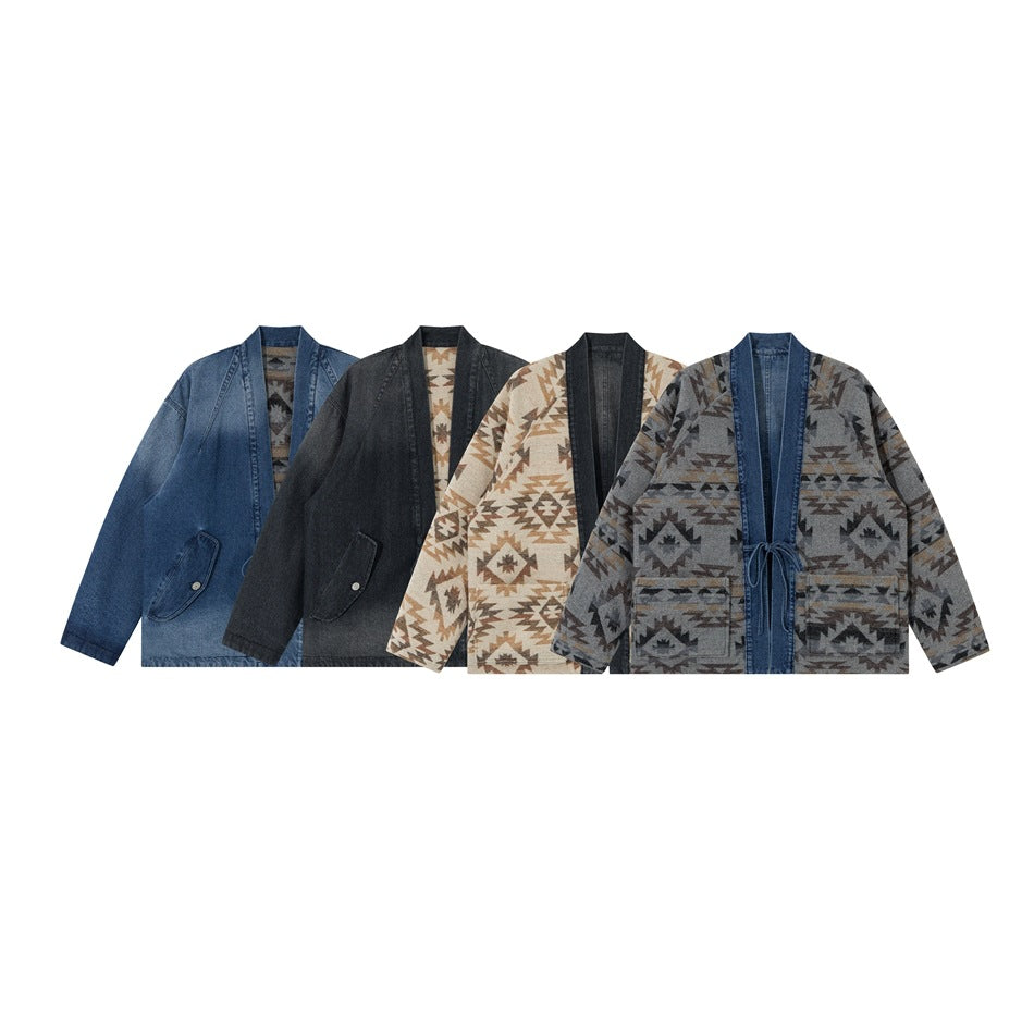 Four open-front jackets shown together in blue denim, charcoal, beige geometric print, and gray geometric print.