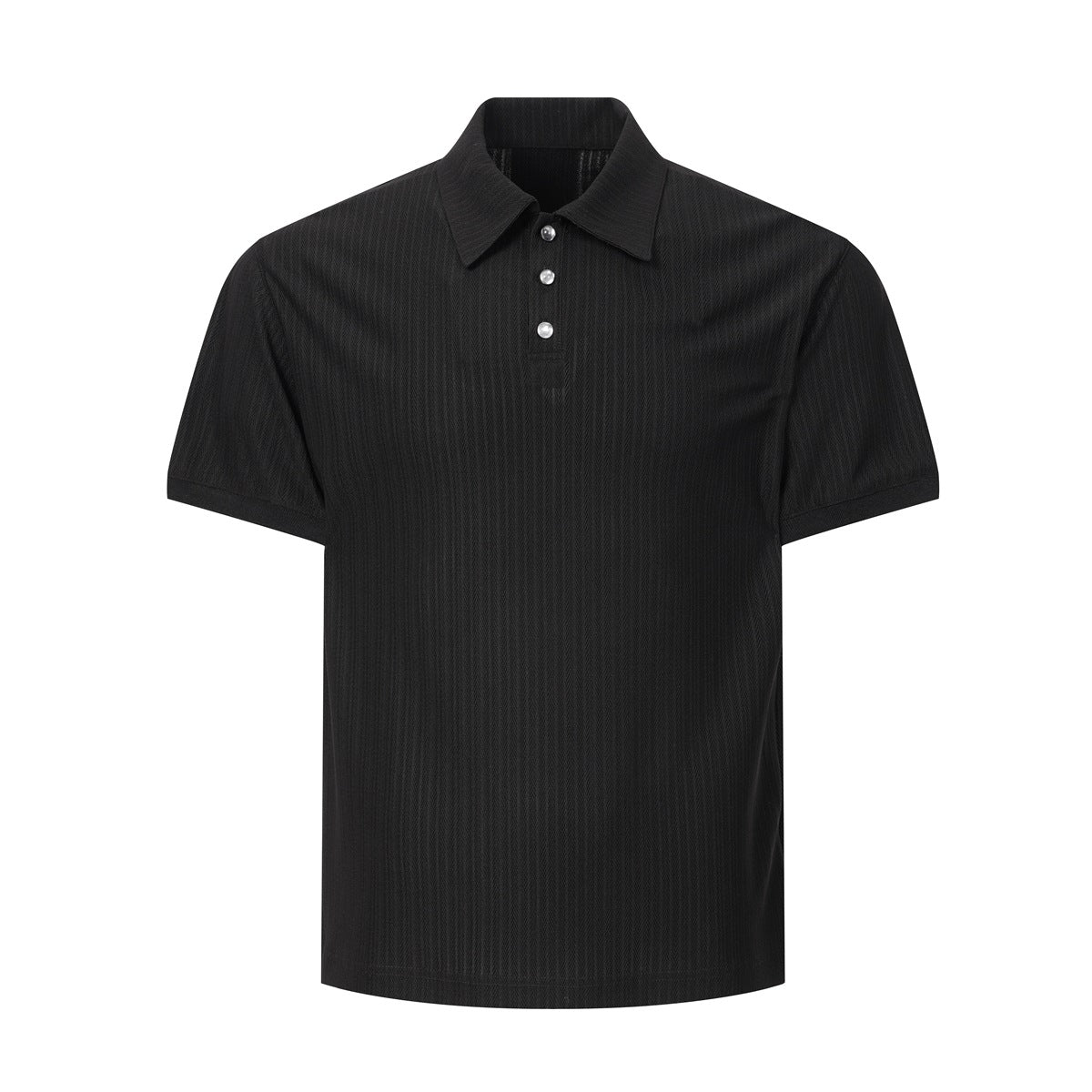 Black short-sleeve polo shirt with vertical ribbed texture, collar and three buttons, front flat view