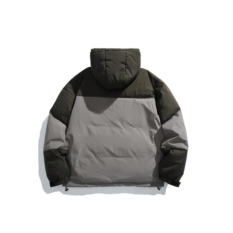 Back view of the hooded jacket, showing dark olive upper panels and sleeves with a light gray back panel.