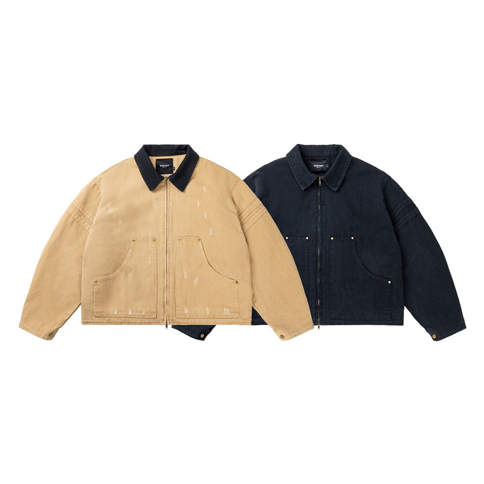 Two zip-front jackets shown from the front: one tan with a dark collar and one dark navy, both with large patch pockets.