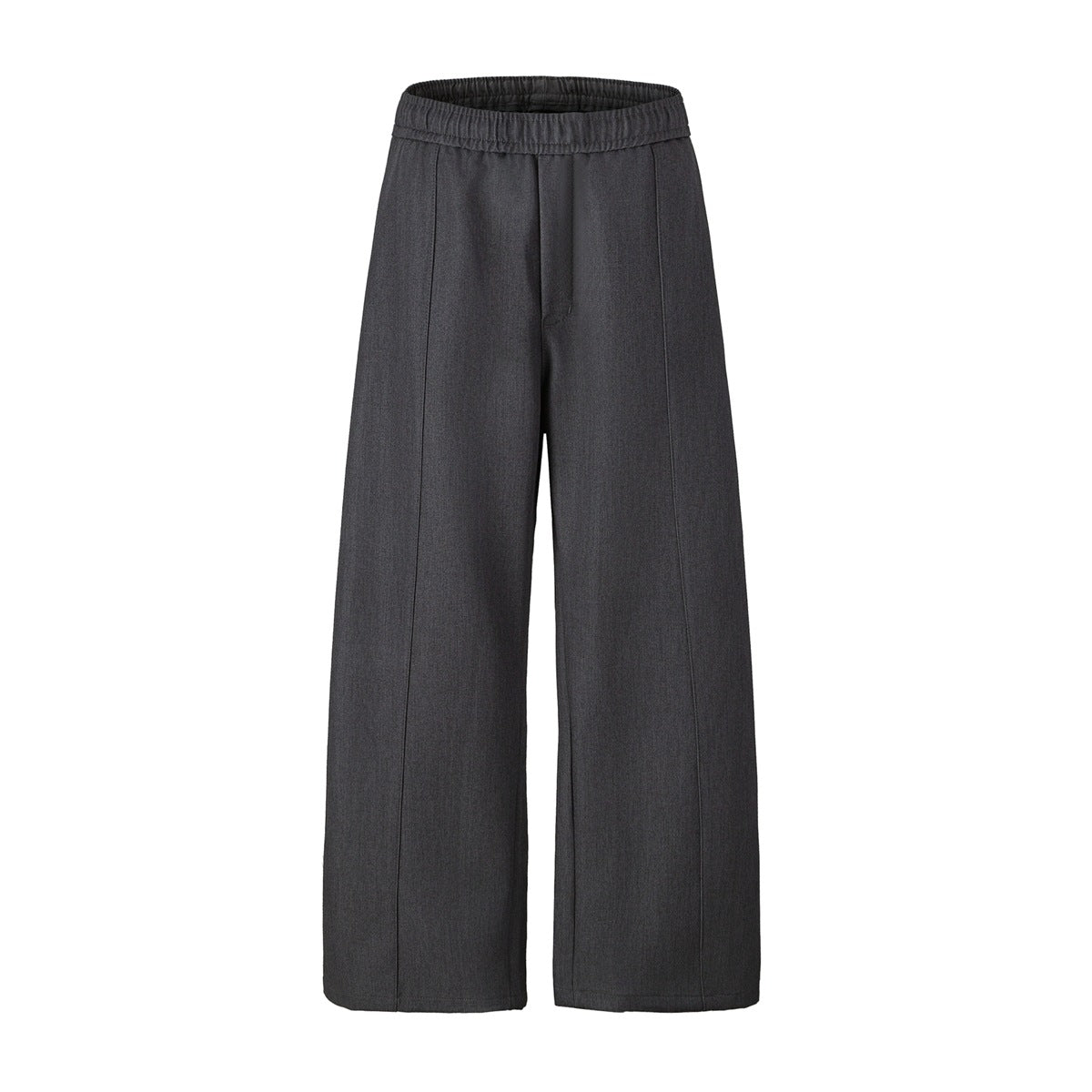 Dark gray wide-leg trousers with elastic waistband and front seam, flat lay front view