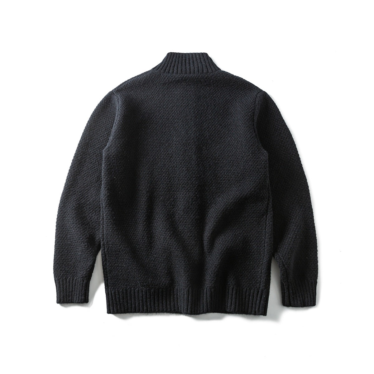 Back view of black textured knit cardigan with ribbed stand collar, cuffs and hem, flat lay