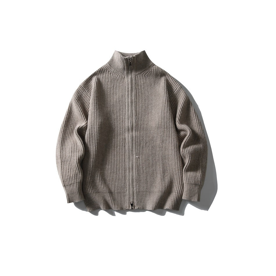 Khaki beige-taupe ribbed knit full-zip sweater with funnel collar, flat lay front view