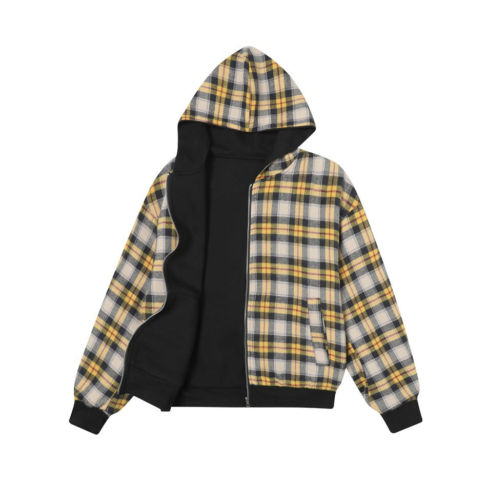 Front view of an open plaid zip-up hoodie with a black interior, hood lining, cuffs, and hem.