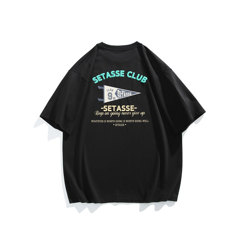 Black short-sleeve crew-neck T-shirt, back view, with teal 'SETASSE CLUB' lettering and pennant graphic