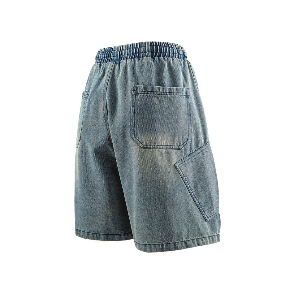 Back view of light blue denim shorts with an elastic waist, rear pocket, and large side cargo pocket.
