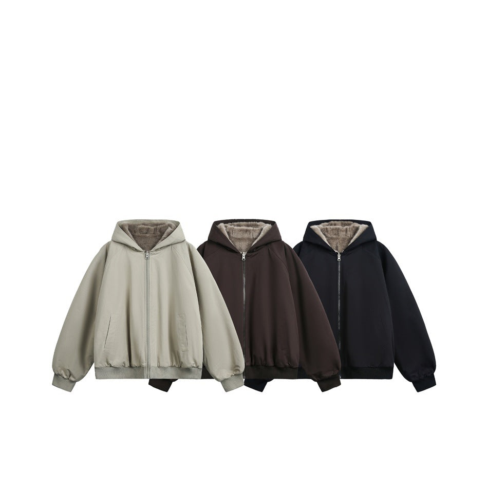 Three hooded zip jackets shown together in light gray, dark brown, and black, each with a plush-lined hood.