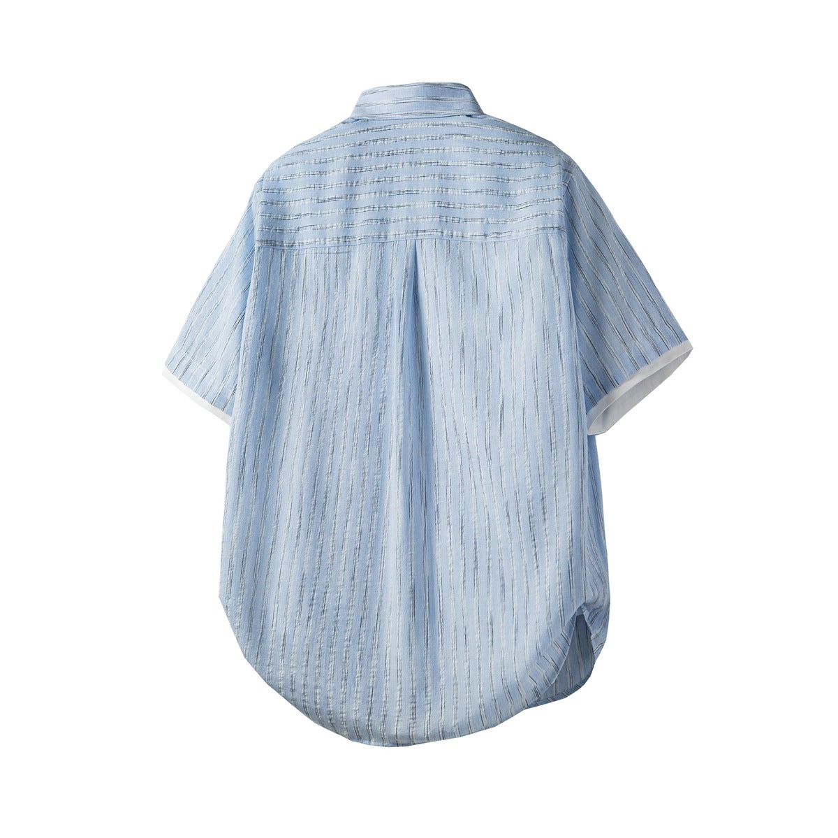 Back view of a light blue striped short-sleeve shirt with horizontal-stripe yoke, center pleat and curved hem