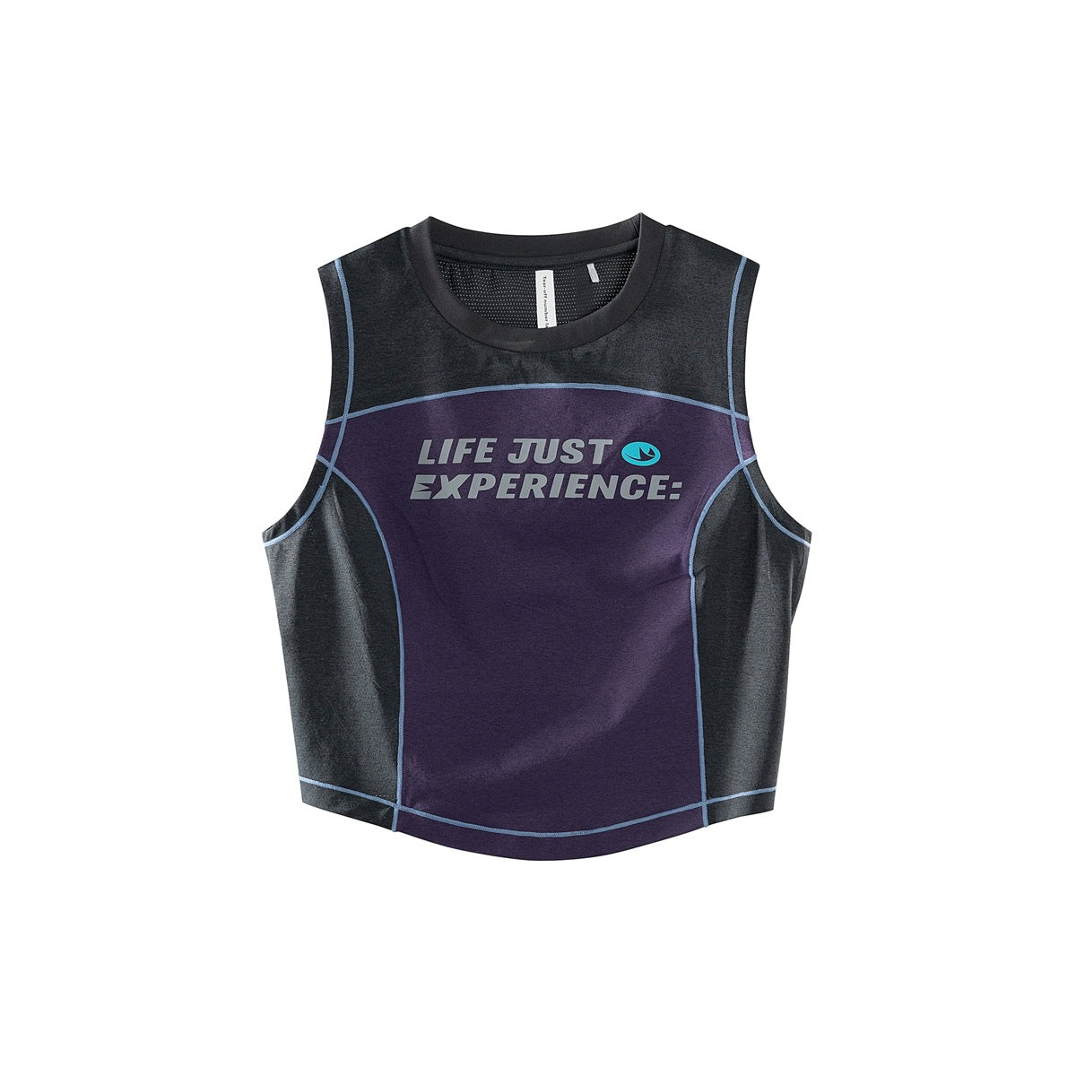 Purple and charcoal color-block cropped tank top with blue topstitching and LIFE JUST EXPERIENCE print