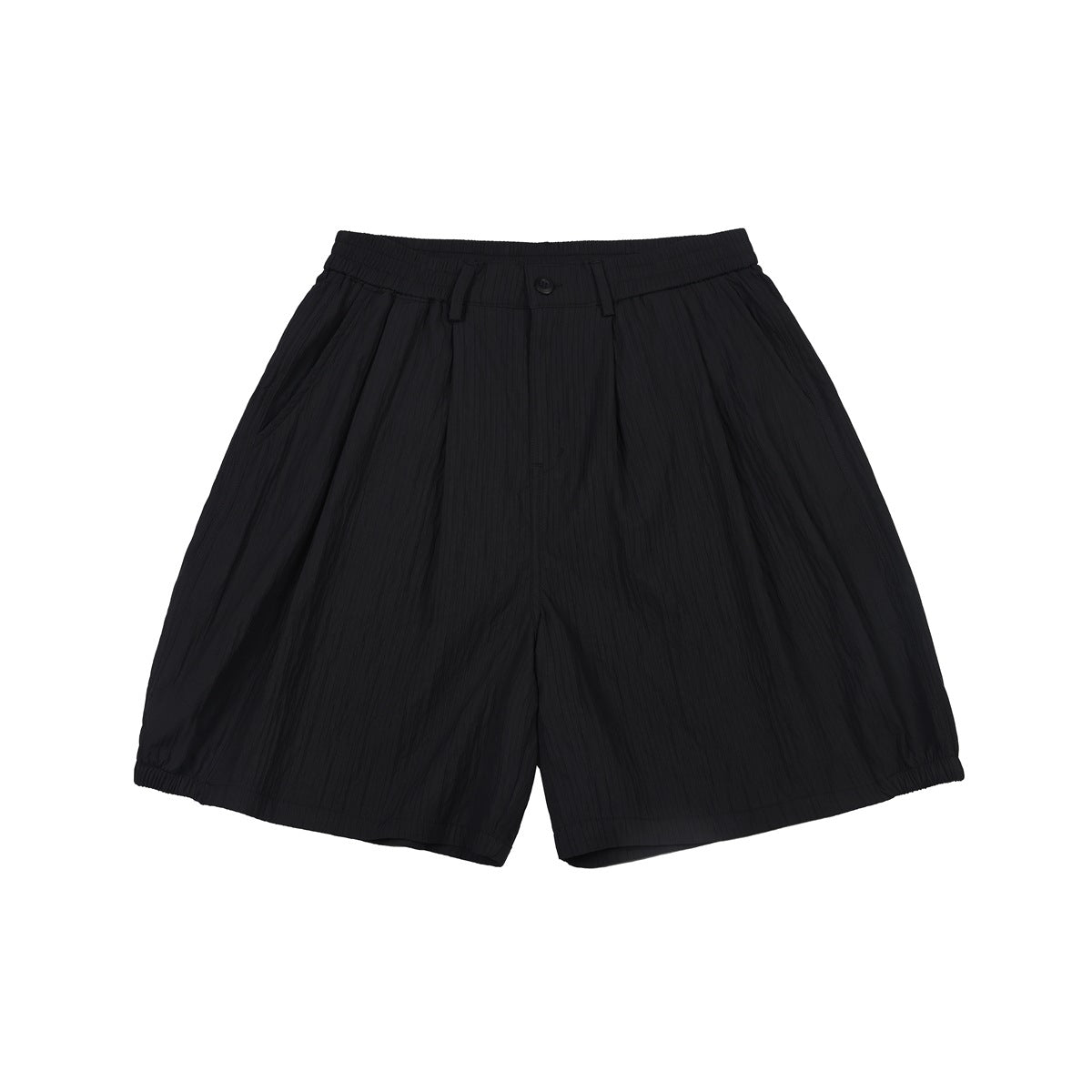 Front view of black shorts with a gathered waistband, button, belt loops, pleats, and wide legs.