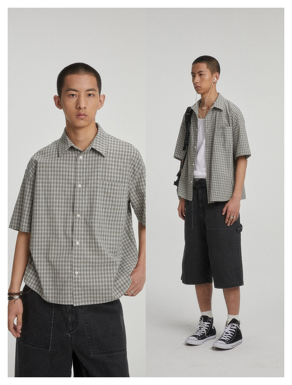 Two-panel view of a model in a gray check short-sleeve shirt with black denim shorts, close-up and full-length