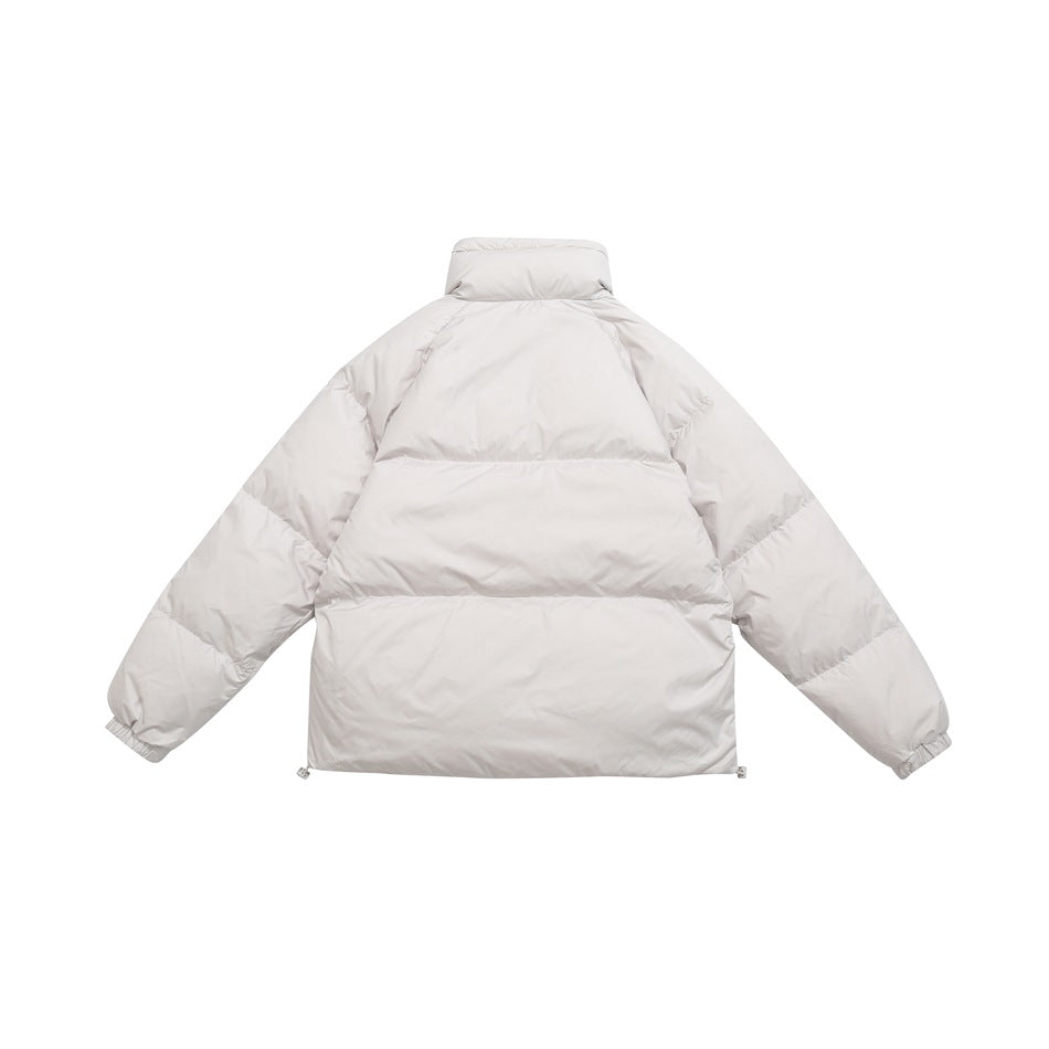 Back view of a light gray-white quilted puffer jacket with a high collar and long sleeves, laid flat.