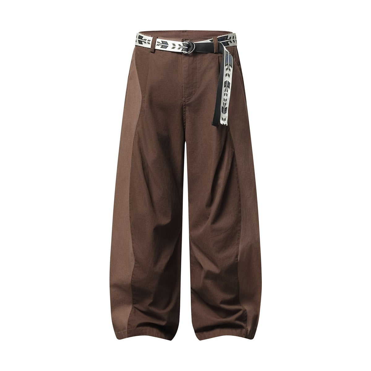 Brown wide-leg pants with tonal side panels, flat front, fly closure and white and black patterned belt, front view