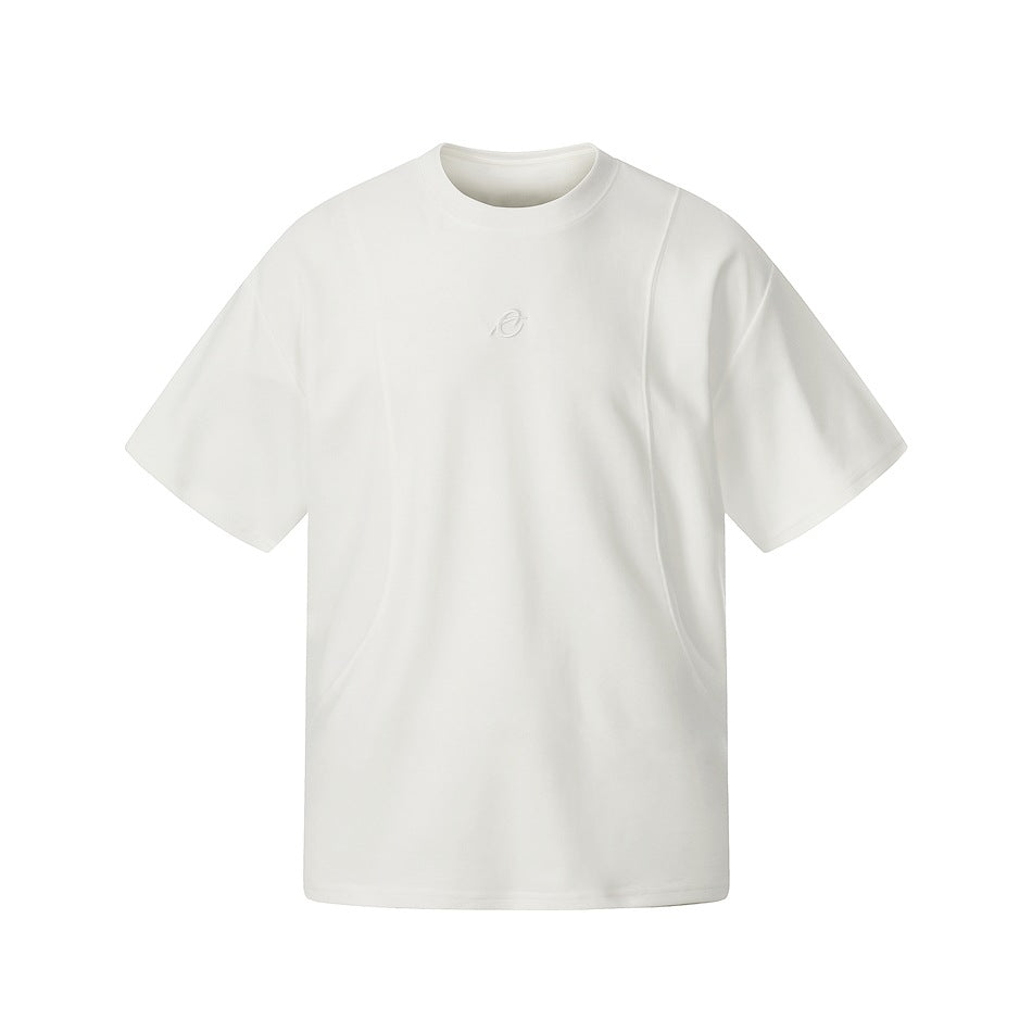 White short-sleeve crew-neck T-shirt with curved seam lines and a small tonal embroidered logo at center chest