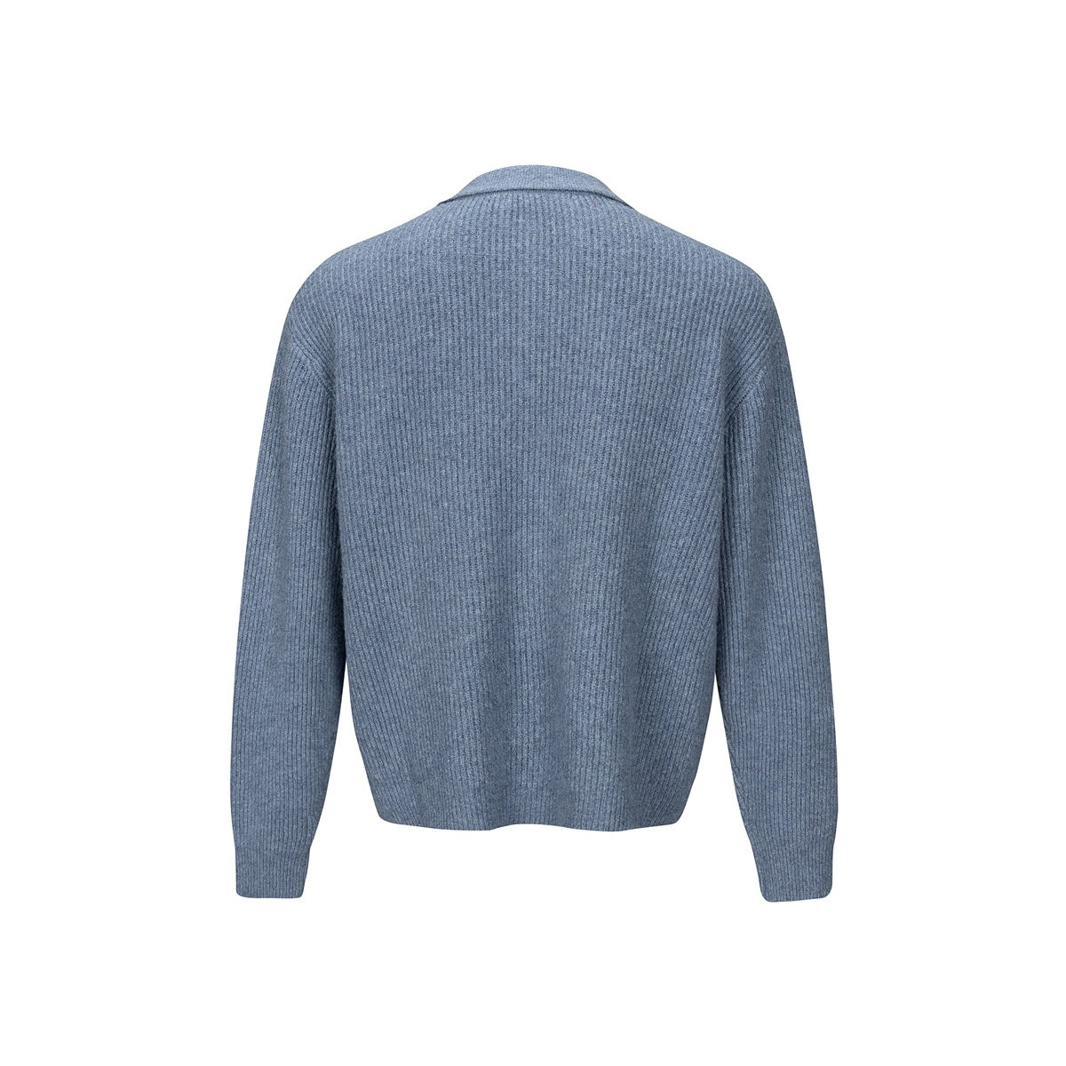 Back view of a blue-gray ribbed knit cardigan with a collar and long sleeves.
