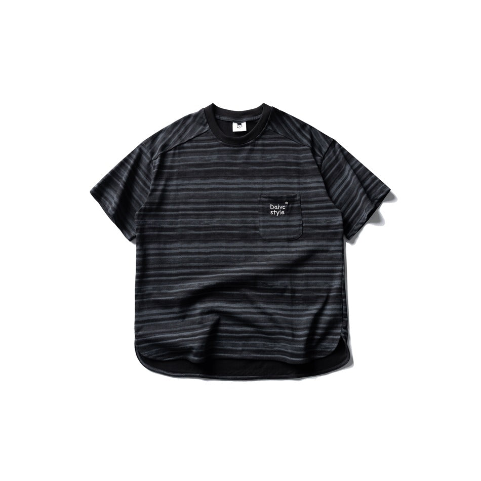 Black striped short-sleeve crew-neck tee with chest pocket and curved hem, flat front view