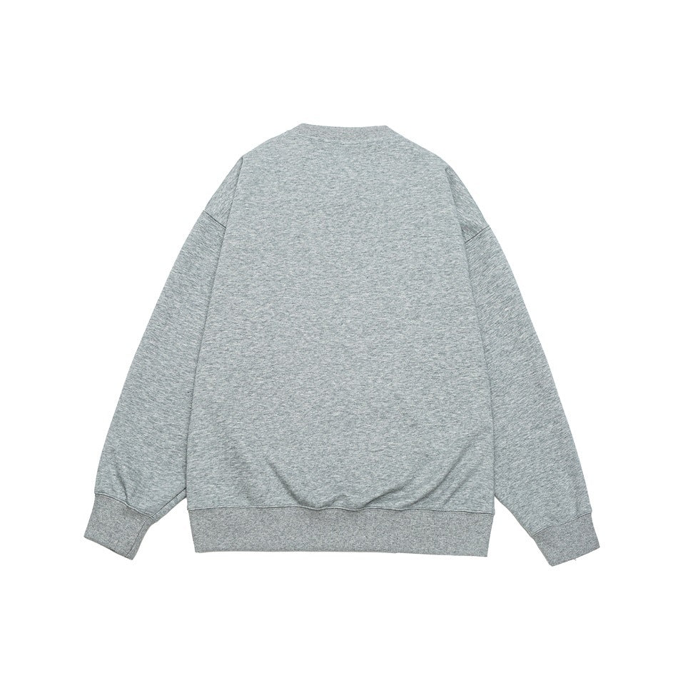 Back view of a light gray crewneck sweatshirt with ribbed cuffs and hem on a white background.